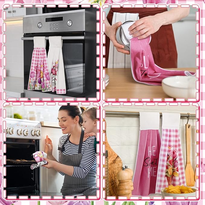 Tegeme 6 Pcs Hanging Kitchen Towels with Loop, Absorbent Hand Tie Towels Microfiber Decorative Fast Drying Kitchen Hanging Towel for Home Bathroom(Tulip)