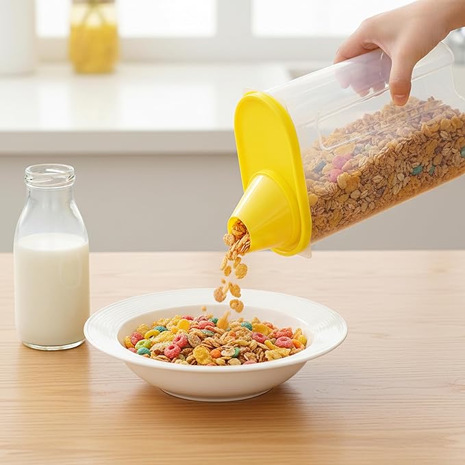 Basicwise 2.5 Liters Set of 3 Large Airtight Food Storage Containers with Pouring Spout and Measuring Cup Lid for Flour Sugar Cereal Rice Pantry Staples & Baking Ingredients in Green Pink and Yellow