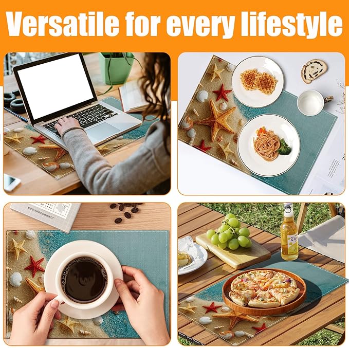 Beach Shell Starfish Blue Placemats Set of 6,12 x 18 Inch Table Mats Washable Heat Resistant Linen Fabric Rectangle Place Mat for Party Home Kitchen Dining