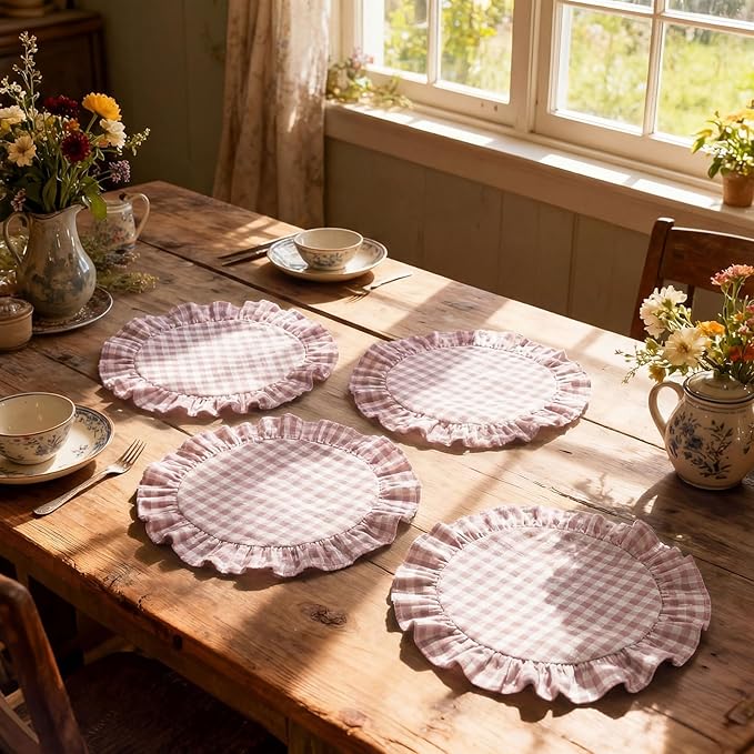 4 Pcs 15 Inch 100% Cotton Scalloped Round Placemats, Thin Light Pink Gingham Place Mats with Ruffle, Washable Placemats Table Mats for Kitchen Dining Holiday Gatherings Decor