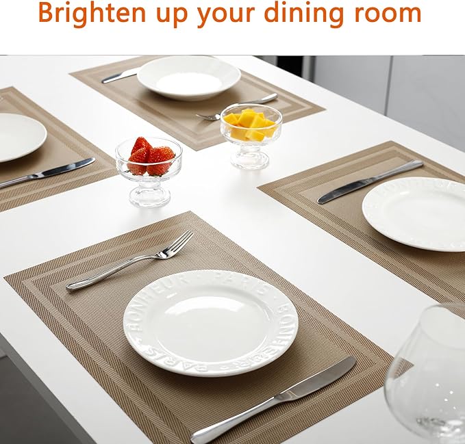 Placemats Set of 6 Washable&Wipeable Place mats for Dining Table Kitchen Indoor Outdoor Table Mats Heat Resistant Non Slip Woven Vinyl Table Placemats (Khaki,6PCS)