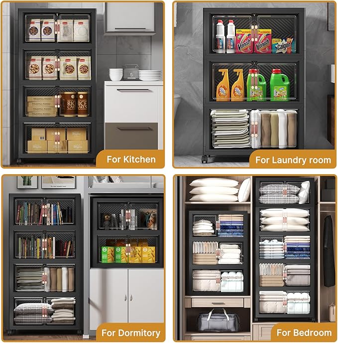 UAMFURI Stackable Storage Bins with Lids, 275QT Closet Organizers and Storage with Doors and Wheels, Extra Large Storage Cabinet, Collapsible Plastic Drawers for Bedroom Kitchen Office Garage
