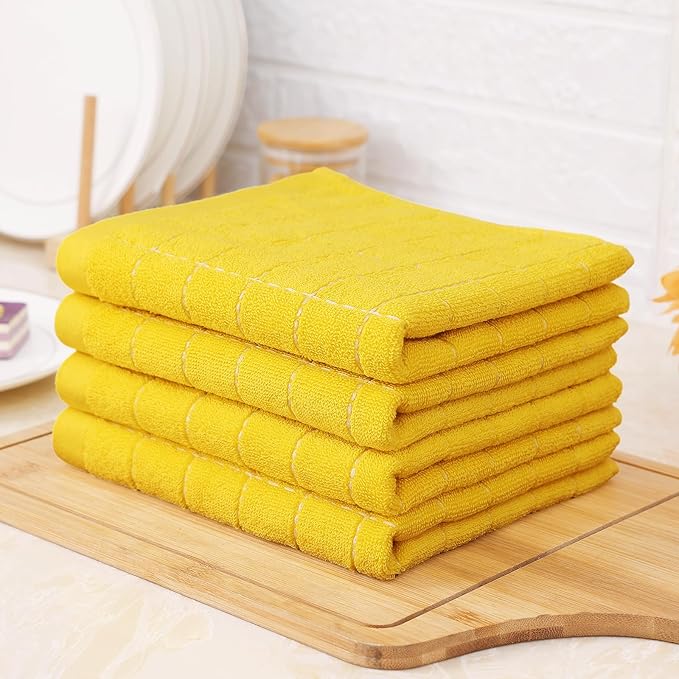 Homaxy 100% Cotton Terry Kitchen Towels(Yellow, 13 x 28 inches), Checkered Designed, Soft and Super Absorbent Dish Towels, 6 Pack
