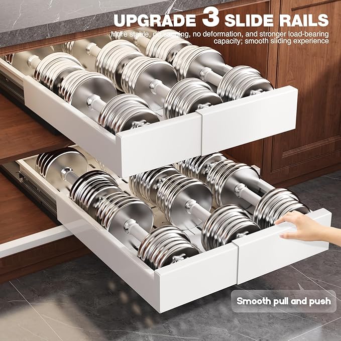 Seinloes 2 Pack Pull Out Cabinet Organizer Expandable Width(11"-16") and Depth(17"-24"),Slide Out Drawers with Raising Pad for Framed Cabinets,No Drill Roll Out Shelves for Kitchen,Bathroom,White