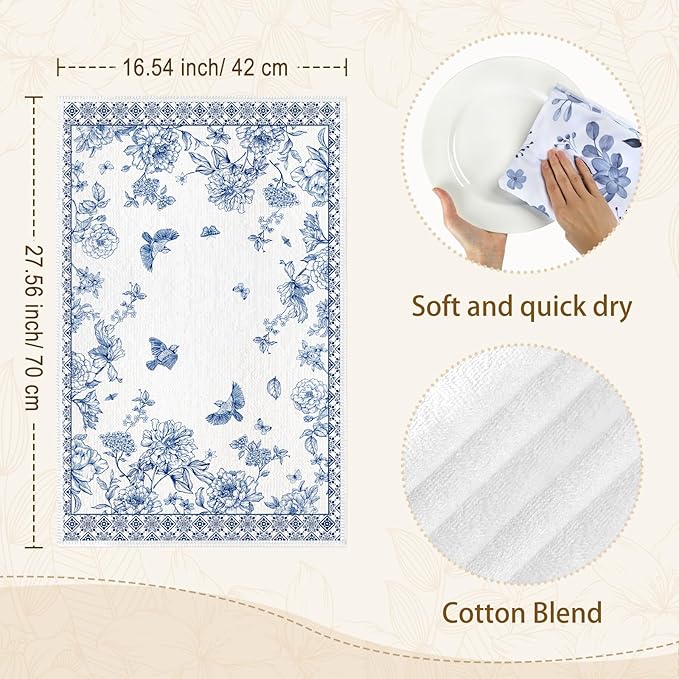 Chinoiserie Floral Bird Microfiber Kitchen Towels, Soft Absorbent Hand Towel 15.7 × 23.6 Inch, Thick Dish Cloth for Party Anniversary Holiday Decoration, Housewarming Gifts for Mom