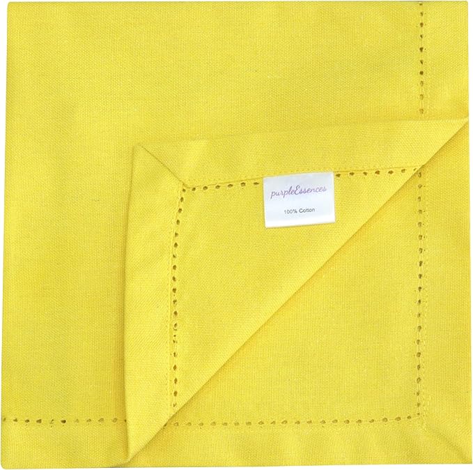 PurpleEssences Set of 12 Hemstitch Cloth Dinner Napkins 100% Cotton - Soft Durable Washable - Ideal for Wedding Spring Easter Summer - Perfect Everyday Use Table Linen 18x18 - Yellow