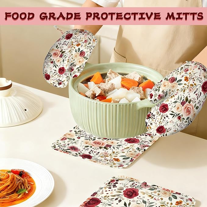 Spring Flowers Silicone Oven Mitts and Pot Holders,Pink Roses Heat-Resistant 4 Piece Kitchen Set Non-Slip Oven Gloves and Hot Pads for Cooking, Baking, Grilling,BBQ
