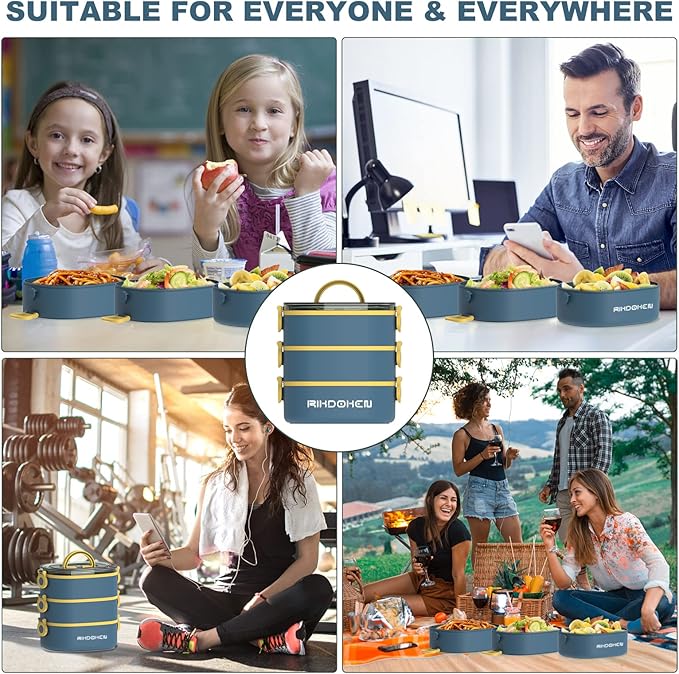 RIKDOKEN Lunch Box, Stackable 3 Layers Containers, Portable 94OZ Large Capacity Leakproof Bento Box with Spoon & Fork & Sauce Boxes, Microwave Safe Lunch Box for Kids and Adults