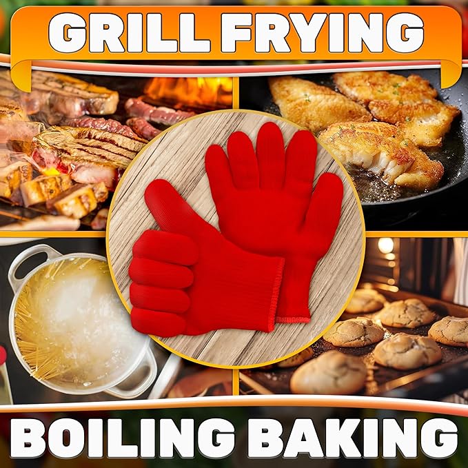 Heat Resistant Gloves for Cooking & Grilling – Aramid Oven Gloves with Fingers, Lightweight BBQ Gloves with Cotton Lining, Non-Slip, 9.45"x3.94" Kitchen Mitts for Baking & Frying, Great Gift for Chefs