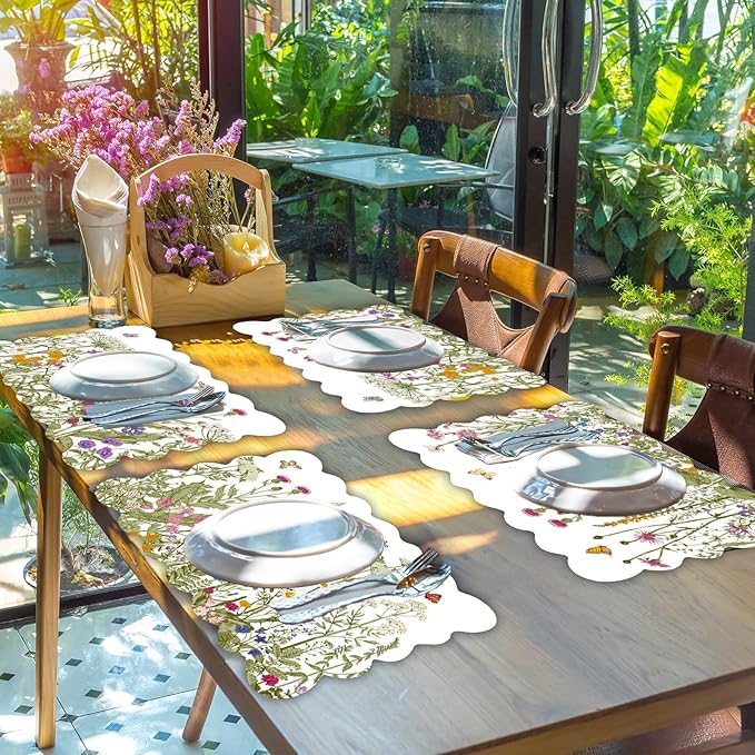 Spring Placemats Set of 6 Flower Plastic Table Mats Wild Flowers Place Mats Retro Flower Table Decoration for Indoor Outdoor Party Kitchen Dining Decoration