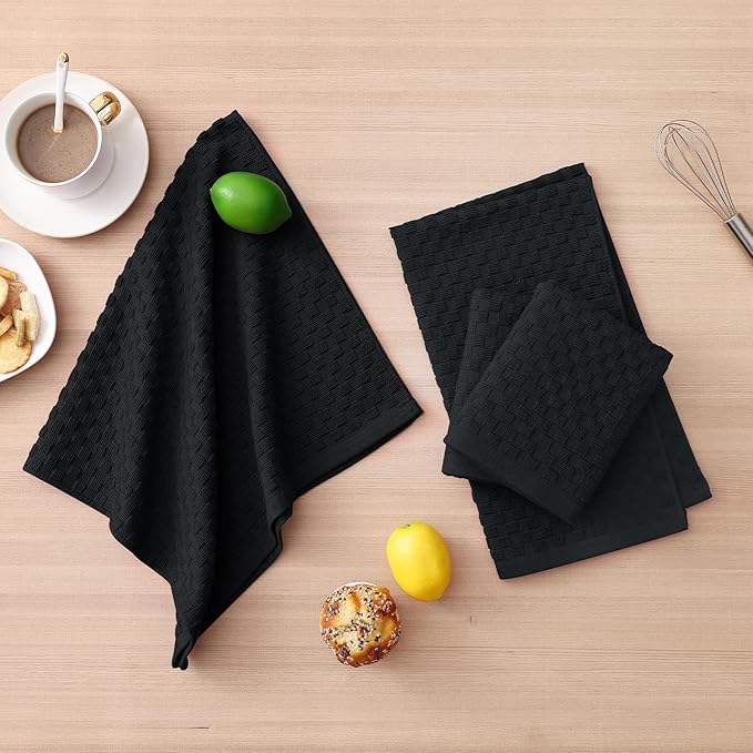 Homaxy 100% Cotton Kitchen Towels and Dishcloths Set, 12 x 12 & 15 x 25 Inches, Set of 8 Bulk Terry Cloth Dish Towels, Super Soft and Absorbent Hand Towel with Hanging Loop, Black