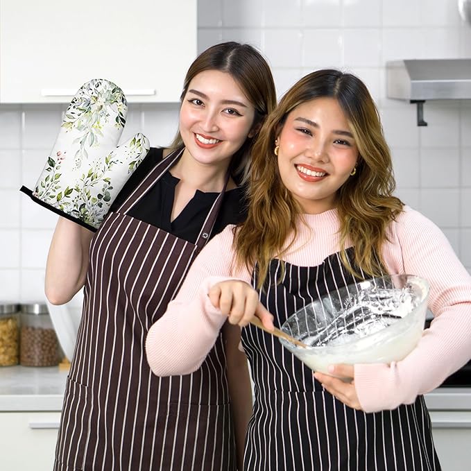 Eucalyptus Leaves Oven Mitts and Pot Holders Sets Sage Green Botanical Floral Kitchen Oven Gloves Hot Pads Farmhouse Potholders and Kitchen Mitts 4Pcs for Baking Cooking BBQ (White)
