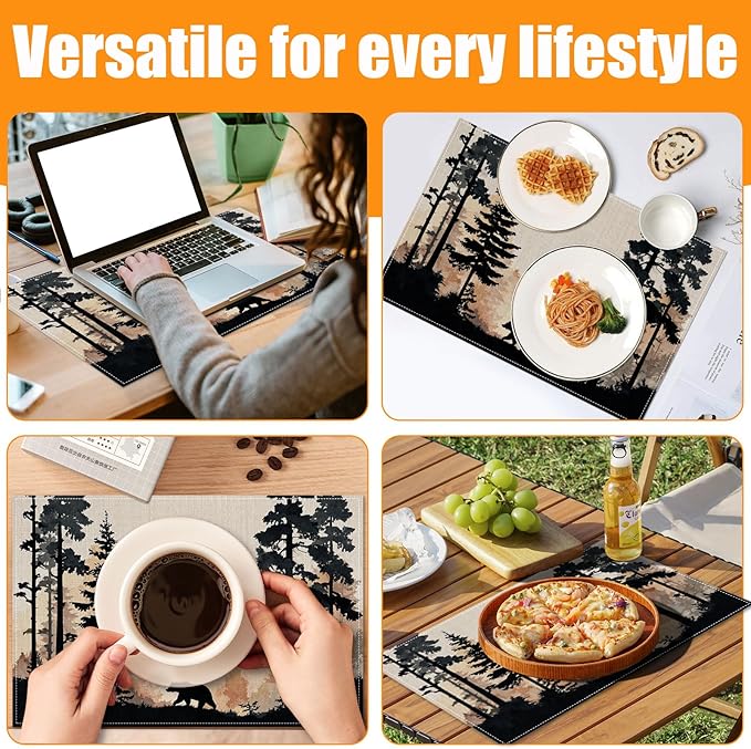 Rustic Bear Forest Placemats Set of 6,12 x 18 Inch Table Mats Washable Heat Resistant Linen Fabric Rectangle Place Mat for Party Home Kitchen Dining
