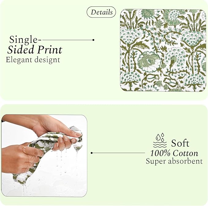 CPC Agate Green Hand Block Printed Cotton Waffle Dish Cloth Set of 12-12x12 Inch Super Absorbent, Soft, Reusable Kitchen Towels for Dish Drying & Cleaning Ideal for Spring, Mother's Day