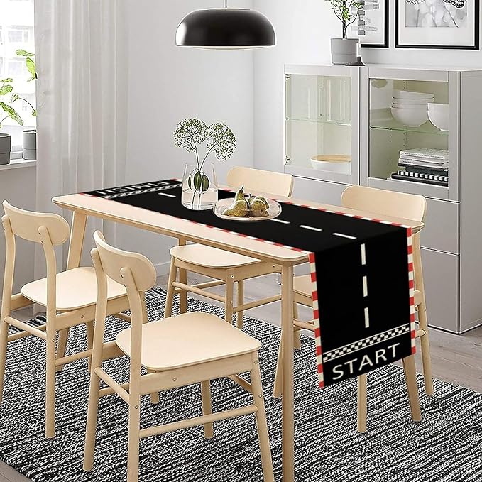 Racetrack Table Runner Racing Theme Art Printed Runner for Home Kitchen Birthday Party Dining Table Living Room Decor Fabric 1 Panel W13xL90in