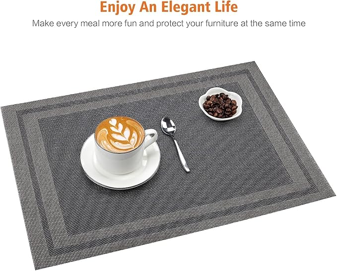 Placemats Set of 6,Washable,Heat and Stain Resistant Indoor/Outdoor Place mats,Vinyl Woven Non Slip Table Mats for Restaurant Table Protection,PVC Placemats(Black Gold,6PCS)