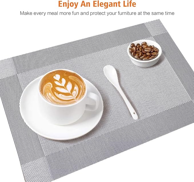 Placemats Set of 6,Washable,Heat and Stain Resistant Indoor/Outdoor Place mats,Vinyl Woven Non Slip Table Mats for Restaurant Table Protection,PVC Placemats(Silver, 6PCS)