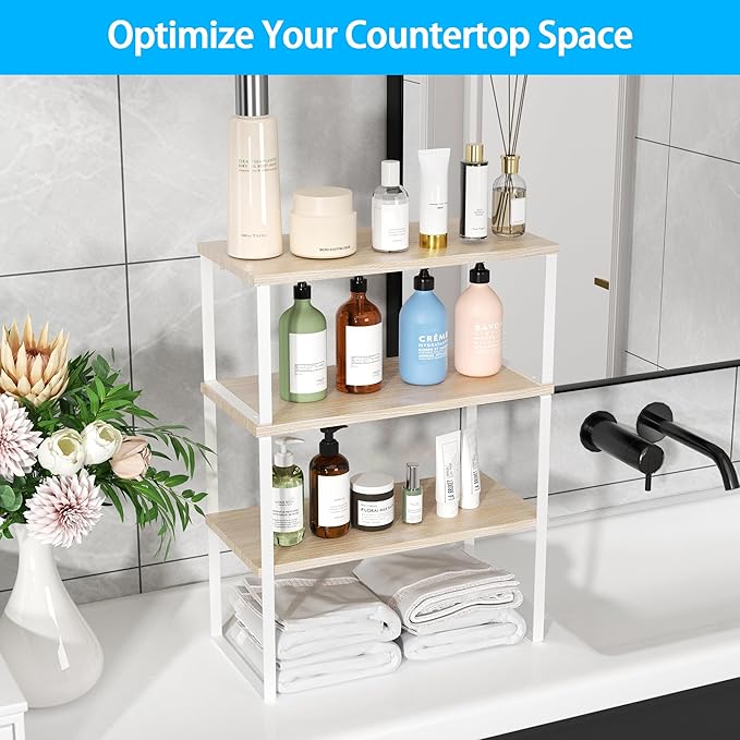 Golener Countertop Organizer Corner Shelf, 2 Tier Adjustable Stackable Corner Shelves for Kitchen, Bathroom, Spice Rack, Coffee Bar, Over Sink, Dresser Table, Corner Counter Shelf Stand, Natural Beige