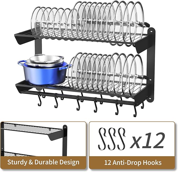 YIGII Pot and Pan Organizer with 12 Anti-Drop Hooks, 2 Tier Heavy Duty Pot Rack Wall Mounted, Kitchen Cookware Utensils Hanger Organizers and Storage