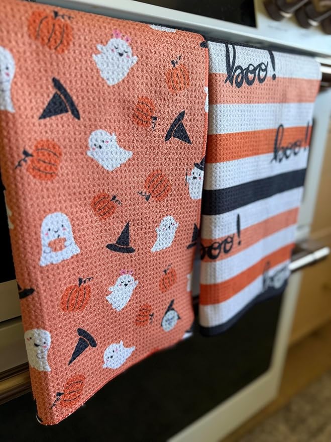 2 Pack || Double Sided|| Not Your Ordinary Kitchen Towels || Dish Towels || Quick Dry || Waffle Weave Microfiber || Designer Prints || Highly Absorbent || Hanging Hook (Halloween Boo)