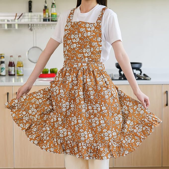 Pinknoke Vintage Pinafore Apron Dress for Women with Pockets Cute Floral Chef Aprons for Kitchen Cooking Baking Gardening