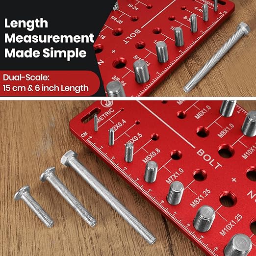 Thread Checker, 76 Nut and Bolt Thread Checker, 28 Standard & 28 Metric & 20 Drill Bit Gauge, Bolt Size Finder, Wall-Mountable Bolt Thread Identifier Gauge with Inch & CM Ruler