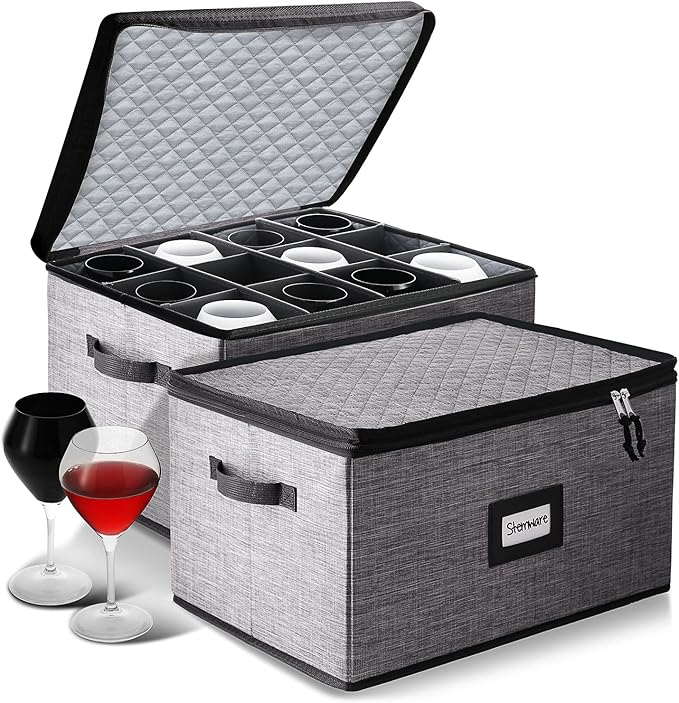 Wine Glass Storage Box with Dividers, 2 Pack Stackable Stemware Storage Cases, Service of 24 Glassware Storage Containers, Quilted China Storage Containers for Moving and Seasonal Storage, Grey
