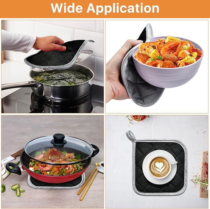24 Pcs Pot Holders Bulk for Kitchen Heat Resistant, 7X 7Inch Cotton Potholders with Hanging Loops Square Hot Pads Oven Pot Holder Trivet for Cooking Baking(Black