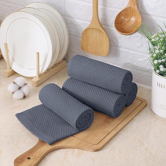 Kitinjoy 100% Cotton Kitchen Towels and Dishcloths Set, 8 Pack-13" x 28" and 12" x 12" Waffle Weave Dish Towels, Ultra Soft Absorbent Quick Drying Dish Rags, Dark Grey