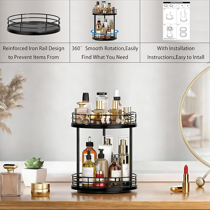 Bathroom Organizer Countertop,2 Tier Rotating Makeup Organizer Countertop for Vanity,Wooden Bathroom Counter Storage Shelf,Lazy Susan Turntable for Perfume,Skincare,Cosmetic (Black)