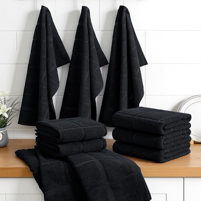 Homaxy Premium Kitchen Towels 18"x28", 6 Pack Large Cotton 380 GSM Dish Towels, Soft and Absorbent Kitchen Hand Towels with Terry Grid Design, Utility Tea Towel Set with Hanging Loop, Black