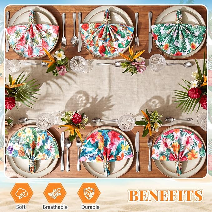 Nuogo 36 Packs Hawaiian Cloth Napkins 15" x 15" Hawaiian Guest Cloth Napkins with Tropical Floral Palm Leaves Flamingo Hand Towel for Summer Luau Party BBQ Dinner Wedding Table Decor