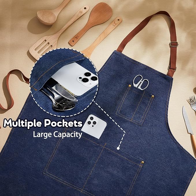 2 Pack Denim Apron with Pocket Adjustable Blue Jean Work Apron for Women Men Kitchen Chef Baking Gardening BBQ Cooking Crafting Woodworking