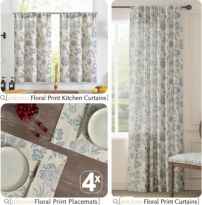 JINCHAN Linen Floral Placemats Set of 4 Cloth Table Mats Rustic Cottagecore Jacobean Outdoor Seasonal for Kitchen Dining Table Decor Washable Tablemats 13x19 Inch Blue