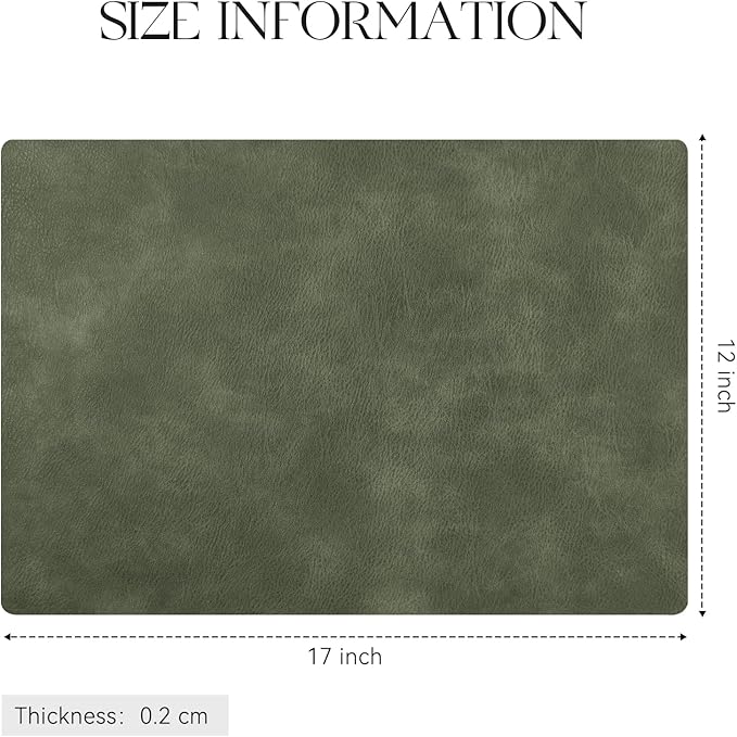 MOSAYT Vinyl Placemats Set of 6-12 X 17 Inch - Faux Leather 100% Waterproof Oil-Proof Wipeable PU Place Mats, Heat Resistant Reversible Table Mats for Kitchen, Dining, Outdoor (Olive Green)