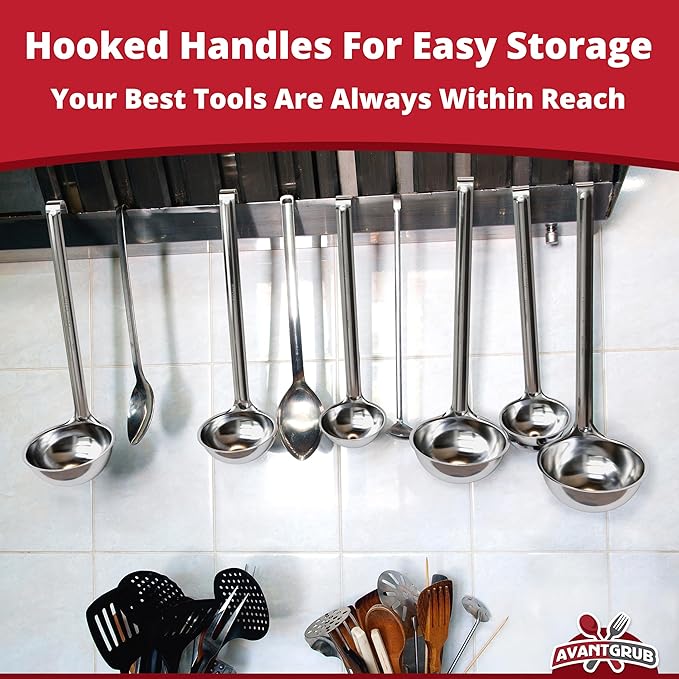 Sturdy, Ergonomic Combo Sizes Ladles 5 Pk. 1 2 4 6 8 Oz Stainless Steel Ladle with Long Handles. Best Kitchen Supplies for Stirring, Portioning and Serving Soup, Chili and Stew in Restaurants and Home