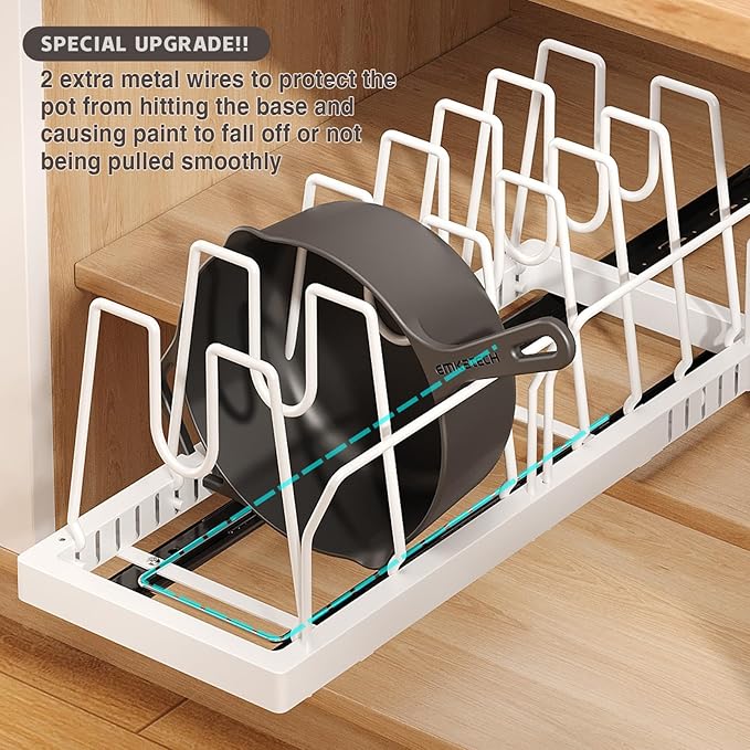 Magheo Pots and Pans Organizer Under Cabinet, 22" Deep Expandable Pull Out Pot Lid Organizer and Storage with 10 Adjustable Dividers No Drill Pot and Pan Holder Rack with Handle Bracket(1 Pack,White)
