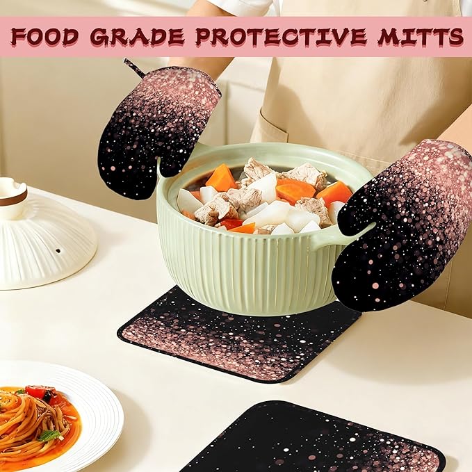 Rose Gold Glitter Silicone Oven Mitts and Pot Holders,Heat-Resistant 4 Piece Kitchen Set Non-Slip Oven Gloves and Hot Pads for Cooking, Baking, Grilling,BBQ
