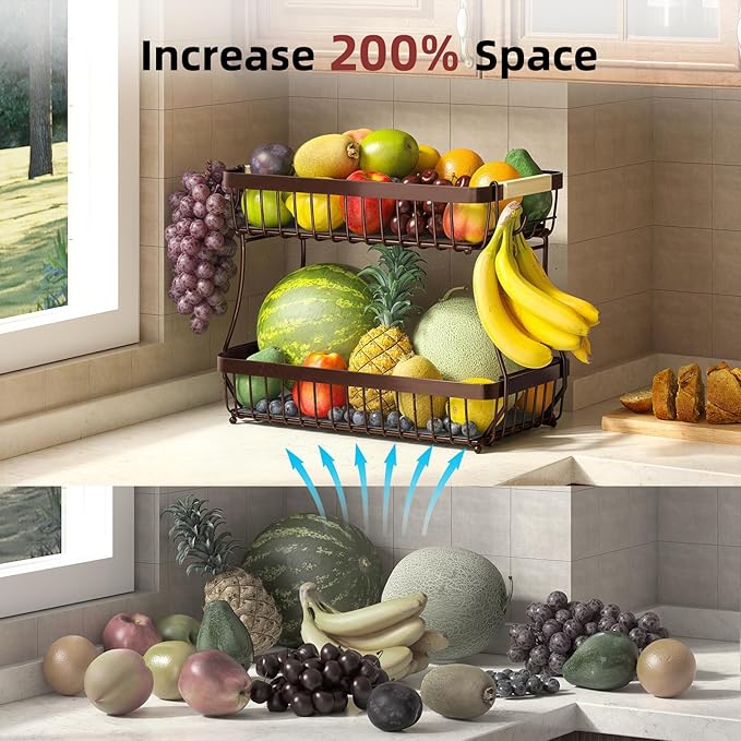 Sevenblue 2 Tier Large Fruit Basket for Kitchen Counter with 2 Mobile Banana Hangers, 2026 Pro Detachable Metal Fruit Bowl with Wooden Handle (Brown, 2 Tier)