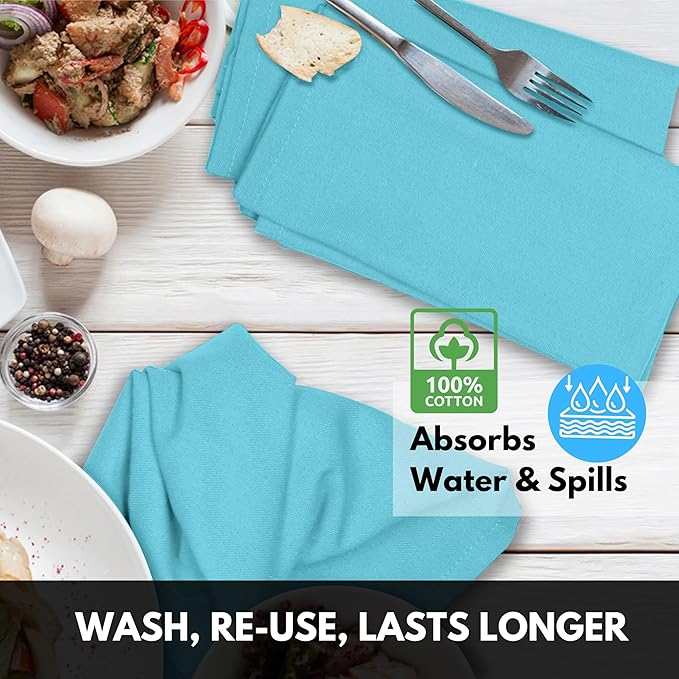 Ocean Blue Cloth Napkin 100% Cotton, 17x 17 Inches, Table Napkin for Dining, Lunch, Cocktail, Decorative Washable Napkins for Spring, Baby Showers, Easter - Aqua Blue (Set of 12)