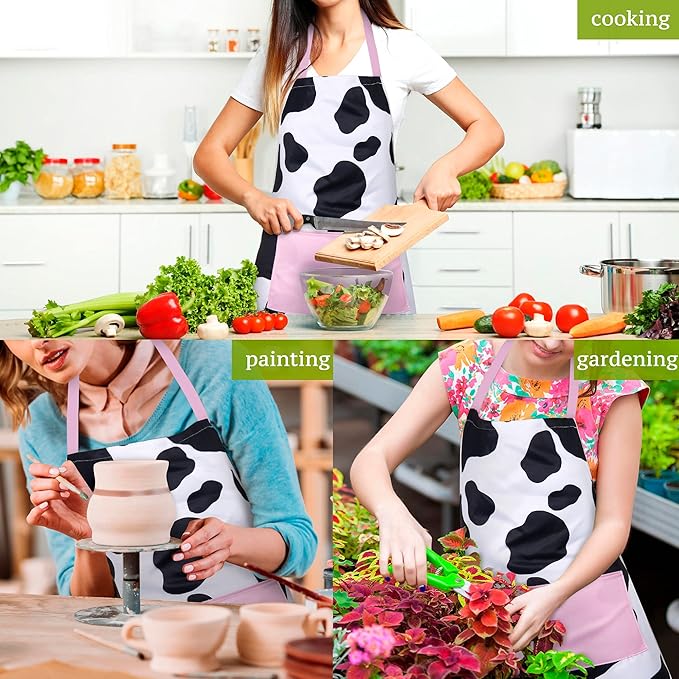 RosieLily Cute Apron with Pockets for Women - Kitchen Apron for Cooking, Baking, Gardening, Grilling, BBQ - Black and White Cow Print Bib Apron
