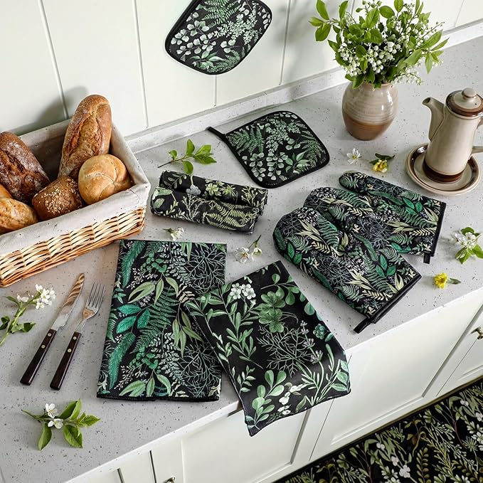 VitalCozy 10 Pcs Sage Black Kitchen Decor Set Black Kitchen Towels and Rugs Oven Mitts Pot Holders Absorbent Towels for Baking Cooking BBQ Gifts Home Decor