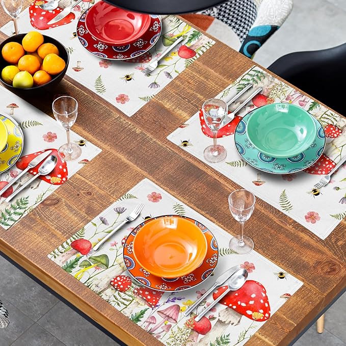 Mushroom Plants Placemats Set of 4,Rustic Wildflowers Heat Resistant Washable Place Mats 12x18 Inch Farmhouse Decor Table Mats for Party Kitchen Dining Indoor Outdoor