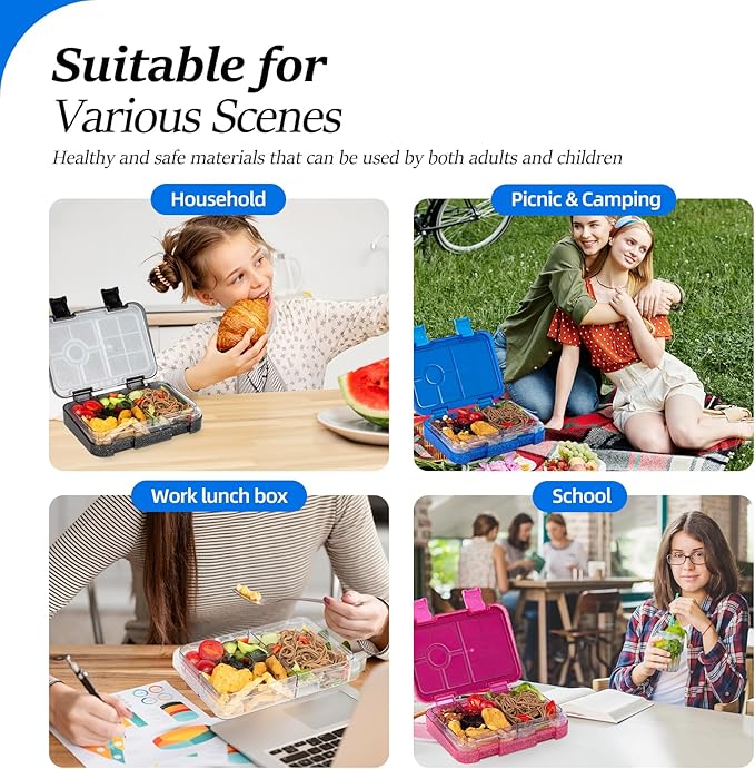 Bento Lunch Box for Kids, Plastic Lunch Box Case, 5/6 Tritan Compartments, BPA free, deal Portion Sizes for On-the-Go Meal, Shiny Blue and Clear