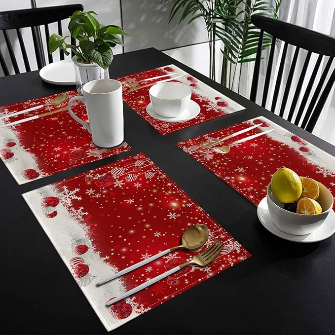 Ansouyi Placemats Set of 6, Red Snowflakes Christmas Balls Washable Heat Resistant Linen Table Mats, Kitchen Decor Non-Slip Place Mats for Party Dining, 12x18 Inch