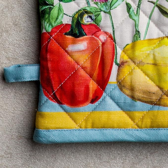 Maison d' Hermine 100% Cotton Oven Mitt & Pot Holder Set (7.5"x13" & 8"x8") Heat Resistant BBQ Cooking Gloves with Loop Baking Grilling Kitchen Gifts for Mothers Day Spring/Summer (Giverny)