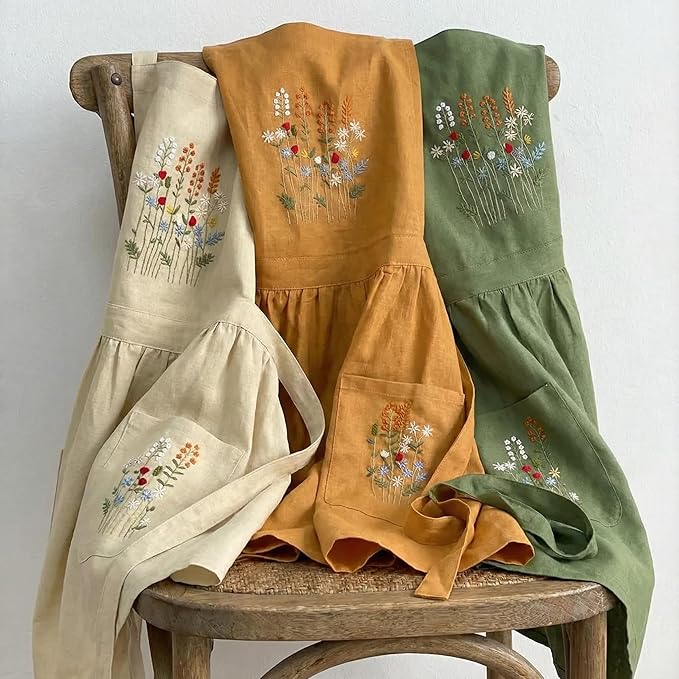 +Linen Embroidered +Apron For +Women With +Pockets, Cute Kitchen Apron, +Cooking +Baking Gifts For Her