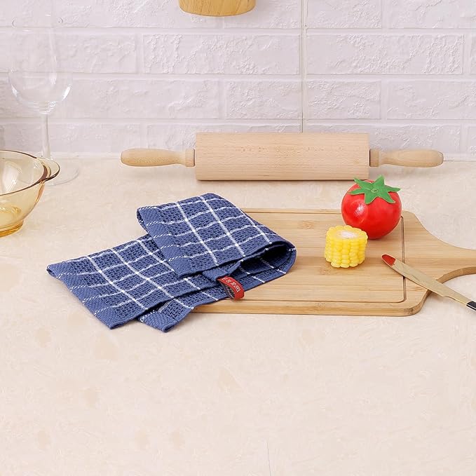 Homaxy 100% Cotton Dish Cloths, 8 Pack-12 X 12 Inches, Check Design Waffle Weave Dish Rags for Washing Dishes, Ultra Absorbent and Fast Drying Dishcloths, Navy Blue&White