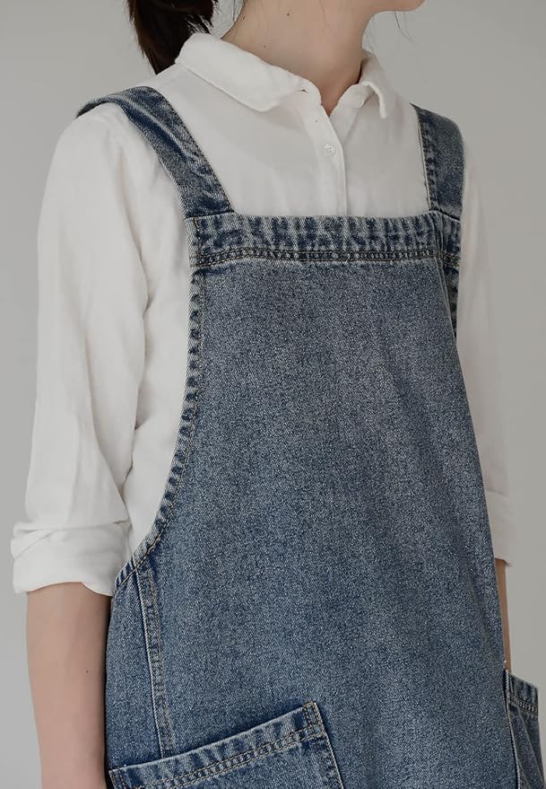 Denim Apron with Large Pockets for Cooking Kitchens, Gardening Aprons for Women Men, Bib Jean Apron for Arts Cafe Work (Style B, Deep Blue)