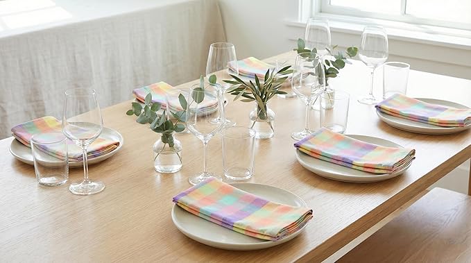 PurpleEssences Buffalo Plaid Cloth Napkins - Mitered Corners - Spring Easter Summer - Gingham Check Dinner Napkin - Set of 12-100% Cotton - 18x18 Inch - Reusable Washable - Multicolor